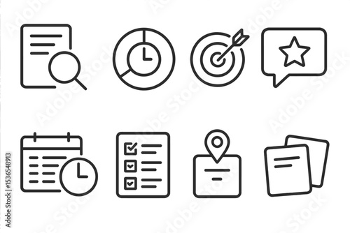 Productivity Icons Collection. Line style icons of productivity: rapid review icon, time-focused chart, goal alignment tool,