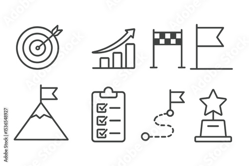 Goal Icons Collection. Line style icons of goals: target icon, progress arrow, finish line, goal flag, mountain peak, checklist