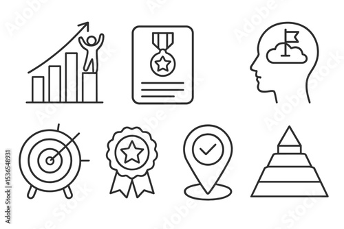 Goal Icons Collection. Line style icons of goals: success level chart, reward tracker, goal habits icon, dream-to-plan icon, laser