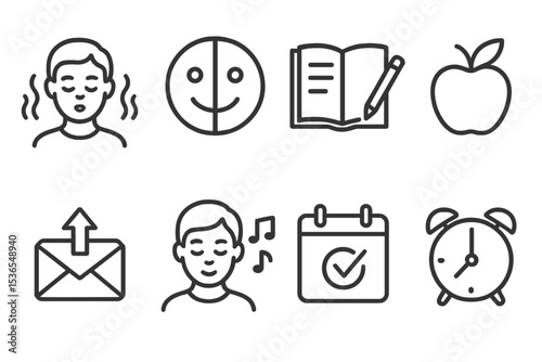 Habit Tracking Icons. Line style icons of habits: breathing practice, mood tracker, journal icon, fruit habit, clear inbox, quiet