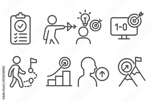 Goal Icons Line Art. Line style icons of goals: smart goal plan, directed effort, inspired goal icon, score tracker, committed