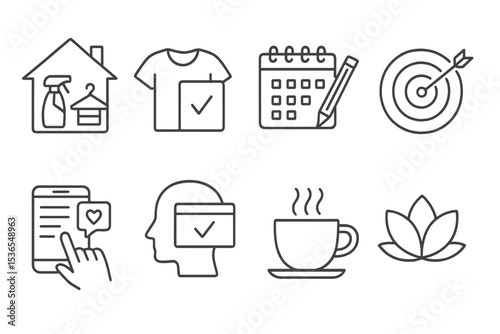 Habits Line Icons. Line style icons of habits: home tidy habit, minimalism cue, planning trigger, daily focus icon, mindful scroll