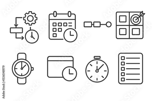 Time Management Icons. Line style icons of time management: schedule optimization, calendar event icon, timeline blocks, focus