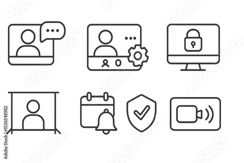 Video Conferencing Icons. Line style icons of video conferencing: chat during call, co-host tools, host controls, screen lock icon