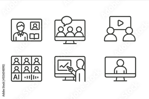 Video Conferencing Icons. Line style icons of video conferencing: online class video, team sync session, presentation slide share,