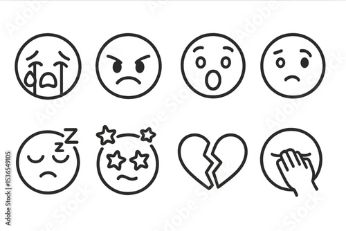 Emoji Expressions Icons. Line style icons of stickers and emojis: crying face, angry emoji, shocked face, confused emoji, sleepy