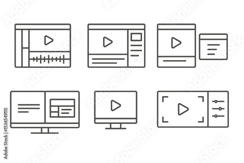 Video Editing Tools. Line style icons of video editing: edit workspace, screen layout, docked panels, floating window, dual