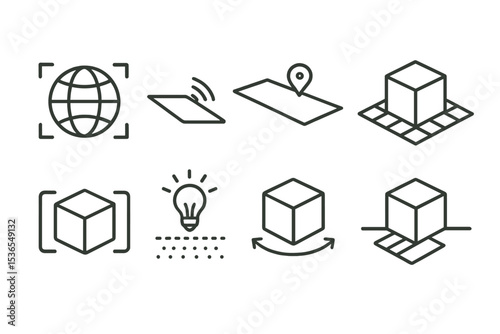 AR Effects Iconography. Line style icons of AR effects: world mapping, plane detection, spatial anchors, AR grid, object tracking,