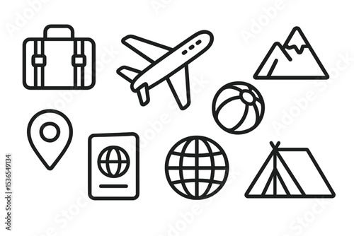 Travel Icons Collection. Line style icons of stickers and emojis: travel bag, airplane emoji, beach ball, mountain peak, location