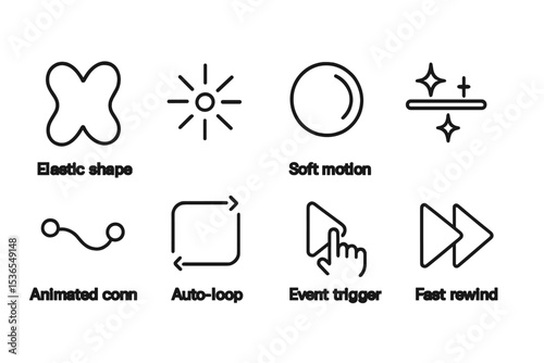 Animated Line Icons. Line style icons of animations: elastic shape, dynamic point, soft motion, glowing line, animated connection,