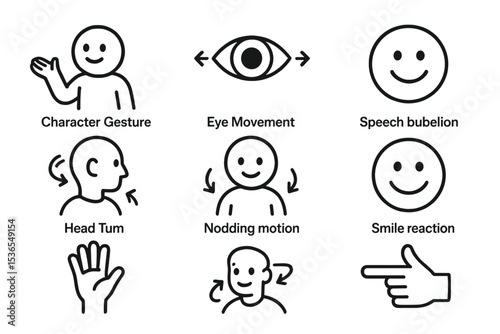 Animated Line Icons. Line style icons of animations: character gesture, eye movement, speech bubble animation, smile reaction,