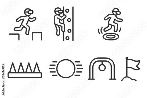 VR Game Icons. Line style icons of VR games: platform jump, climbing wall, bounce pad, falling hazard, trap spikes, speed zone,