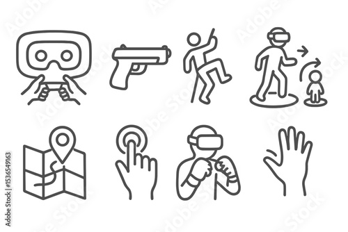 VR Games Line Icons. Line style icons of VR games: first-person perspective, VR gun, climbing action, teleport movement, open