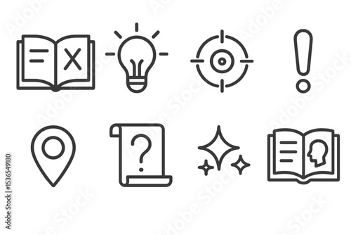 Quest Game Icons. Line style icons of quest games: journal page, hint symbol, objective marker, exclamation point, location pin,