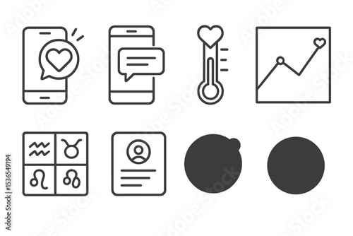 Dating App Icons. Line style icons of dating apps: new match alert, message preview, love meter, compatibility graph, zodiac signs