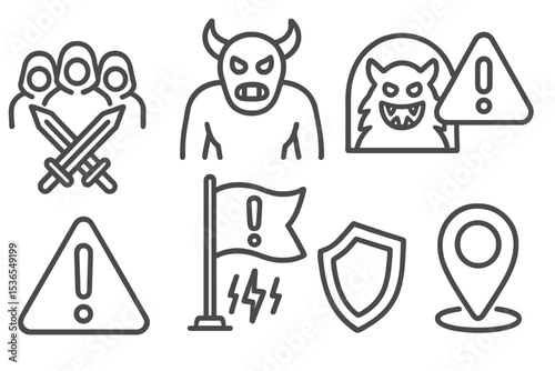 Quest Icons Collection. Line style icons of quest games: enemy ambush, boss enemy, monster lair, attack warning, danger icon,