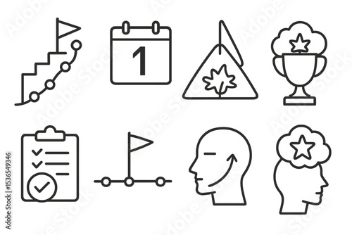Motivation Theme Icons. Line style icons of motivation themes: milestone tracker, year goal, season win, quarter check, timeline