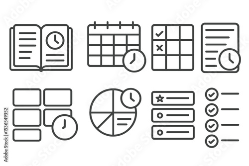 Time Management Icons. Line style icons of time management: daily planner, schedule grid, to-do board, hourly slots, time blocks,