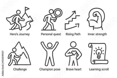 Motivation Line Icons. Line style icons of motivation themes: hero journey, personal quest, rising path, inner strength, challenge