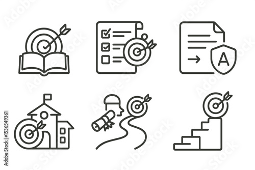 Goal Setting Icons. Line style icons of goal setting: academic goals, study tracker, course list, exam icon, grade aim, school