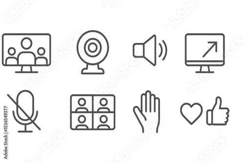 Remote Work Icons. Line style icons of remote work: virtual meeting, webcam circle, speaker icon, screen share, mute mic, group