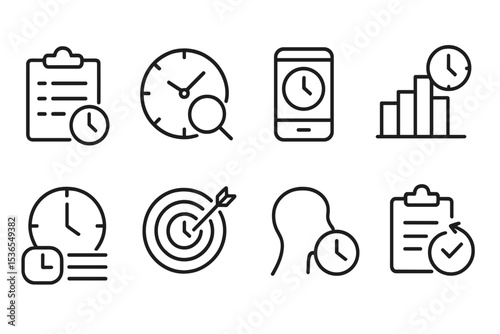 Time Management Icons. Line style icons of time management: time audit, analyze use, log tracker, review chart, time spent, goal