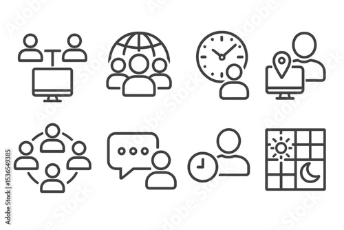 Remote Work Icons. Line style icons of remote work: remote team icons, global team, time zone icon, remote location, distributed