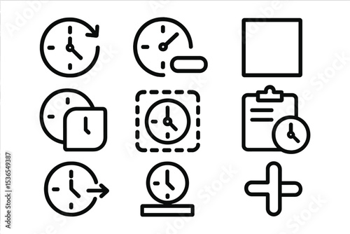 Time Management Icons. Line style icons of time management: backup time, time reserve, empty block, buffer zone, plan B, delay