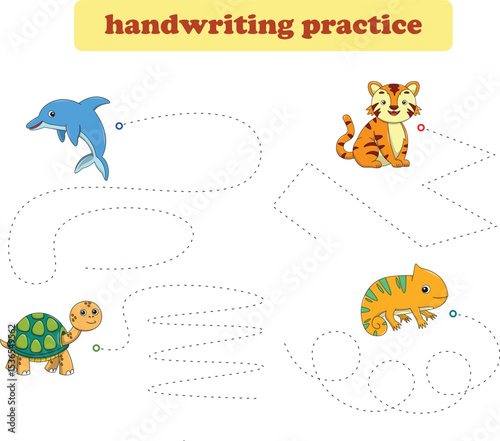 Handwriting Practice. Tracing lines for kids with animals. Vector Illustration