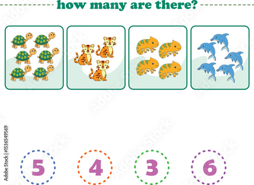 Counting game of wild animals for preschool kids. Printable. Vector Illustration