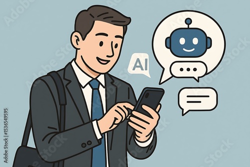 Happy Father day Businessman Using AI Chatbot App on Smartphone:  Artificial Intelligence, Mobile Technology, Communication, Customer Service, Digital Transformation