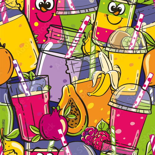 Colorful Seamless Smoothie Pattern with Fruits