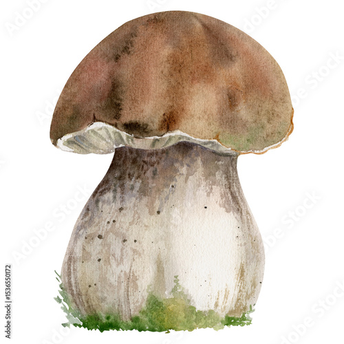 Bolete cep mushroom fungus, autumn forest harvest, edible raw ingredient for vegan cooking. Single element hand drawn in watercolor. Identification cards, seasonal planner stickers, menu cookbook