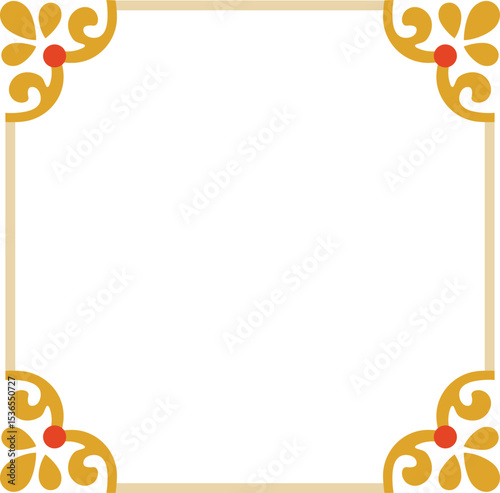 Square decorative frame with floral corners in golden yellow and red. Perfect for labels, invitations, packaging, or vintage-style design projects.