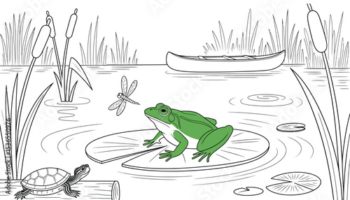 Funny green cartoon amphibian character design on a leaf