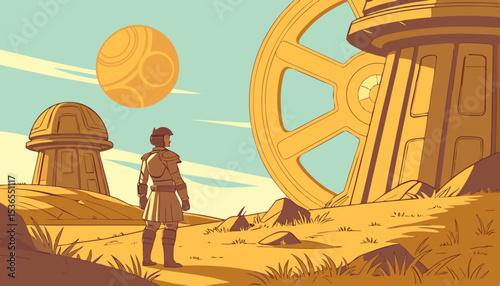 A traveler and robotic companion stand in a golden sci-fi landscape surrounded by massive alien structures and a hovering orb under a clear blue sky, digital art style, illustration painting