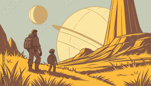 A traveler and robotic companion stand in a golden sci-fi landscape surrounded by massive alien structures and a hovering orb under a clear blue sky, digital art style, illustration painting