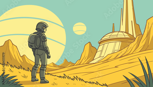 A traveler and robotic companion stand in a golden sci-fi landscape surrounded by massive alien structures and a hovering orb under a clear blue sky, digital art style, illustration painting