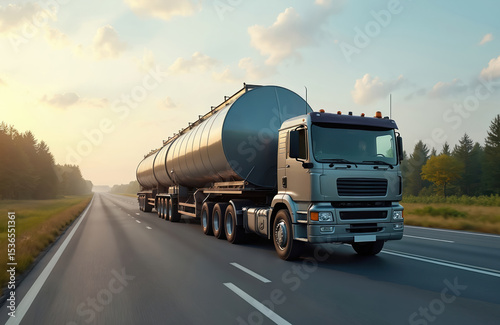 Semi truck with liquid acid barrel tank container moves on empty suburban two lane asphalt highway road on summer day. Dangerous cargo logistics, chemical industry freight transport.
