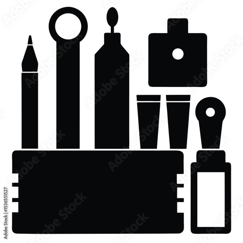 vector illustration of a silhouette of a  a collection of items commonly found in a cosmetics or beauty product set, including: 