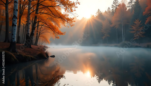 morning mist over the river, tress, 8K image