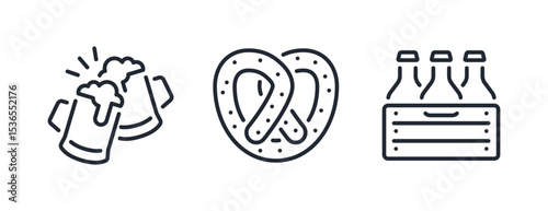Beer glasses cheers, oktoberfest pretzel and bottles package box editable stroke outline icons set isolated on white background flat vector illustration. Pixel perfect. 64 x 64.