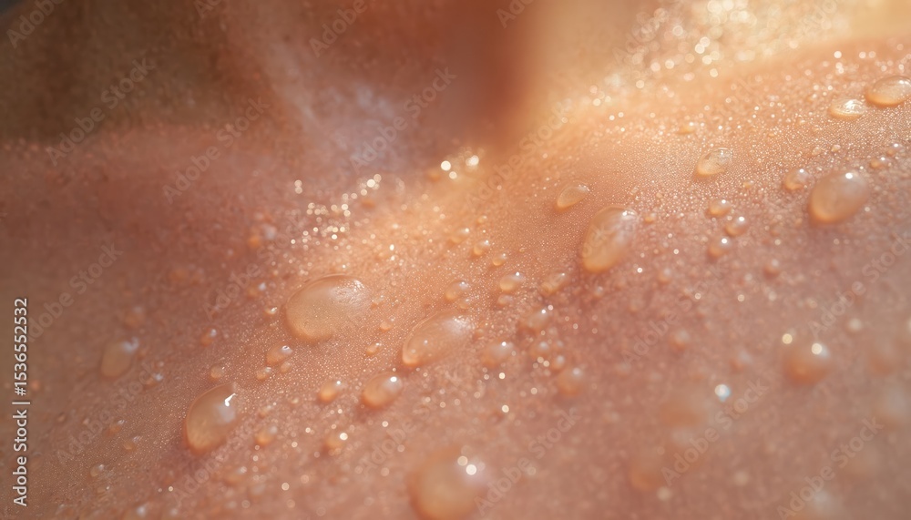 Fototapeta premium Close-up view of dewy skin texture. Glistening moisture on skin. Healthy skin hydration concept. Representing beauty wellness, cosmetics skincare, fresh healthy glowing appearance.