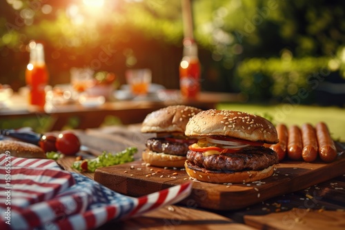 Grilled Burgers and Hot Dogs at Patriotic American Backyard Barbecue