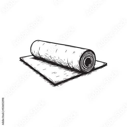 A yoga mat rolled up at one end. Pilates mat. yoga drawing, sketch, exercise image, sketched vector, stretching, balance, body toning, fitness mat, gymnasium.