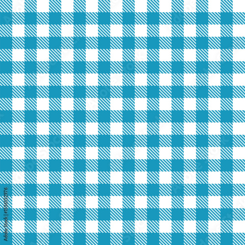Seamless vector pattern with blue and white gingham check design, classic picnic style fabric texture for clothing, kitchen decor, or summer tablecloths and retro textile applications