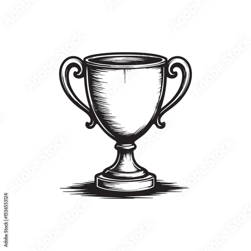 Hand drawn outline winner trophy with shine background. Sport trophy, winner prize sketch. Vector doodle illustration for print, web, mobile and infographics