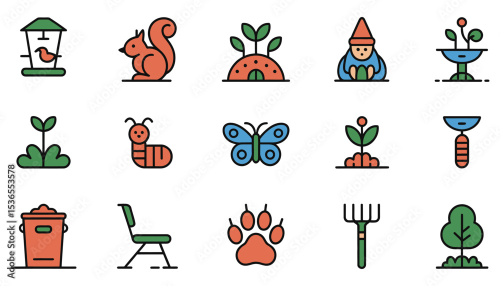 Fototapeta premium Here's a set of cartoon garden icons perfect for Christmas and New Year holiday designs, featuring winter trees, gift decorations, and a festive snowman