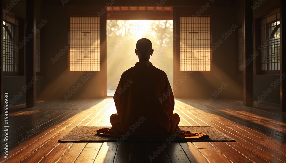 Naklejka premium Buddhist monk practices Zazen meditation in peaceful place. Sunlight shines through wooden window, creating serene atmosphere. Practice of mindfulness, promoting inner peace, spiritual growth in