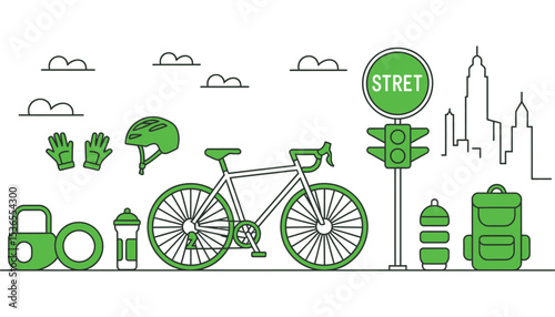 Green vintage eco bicycle with leaves and flowers, an icon of health and travel
